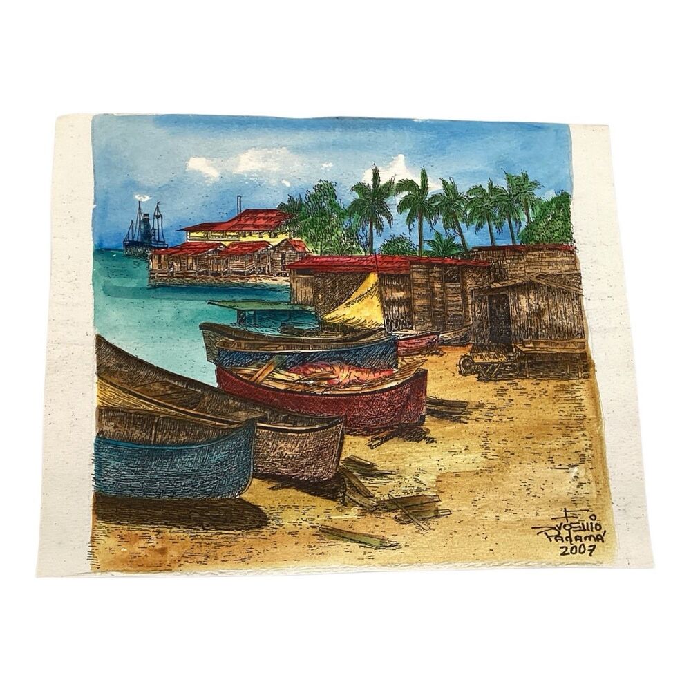 Hand Painted Panama 2007 Water Color Coast Fishing Village Unframed 8X10 signed